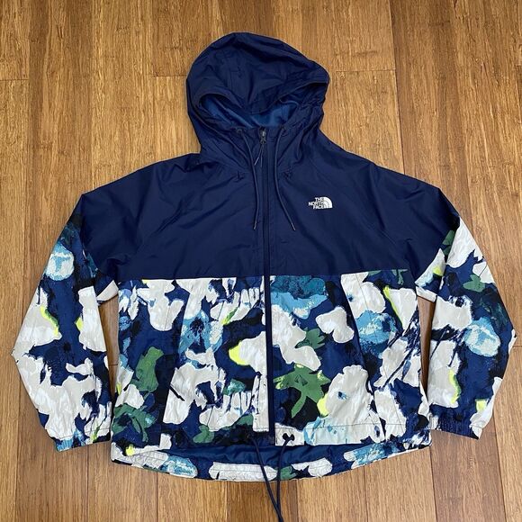 The North Face Windbreaker Rain Jacket Hooded Floral Lightweight Blue Large - Picture 1 of 9